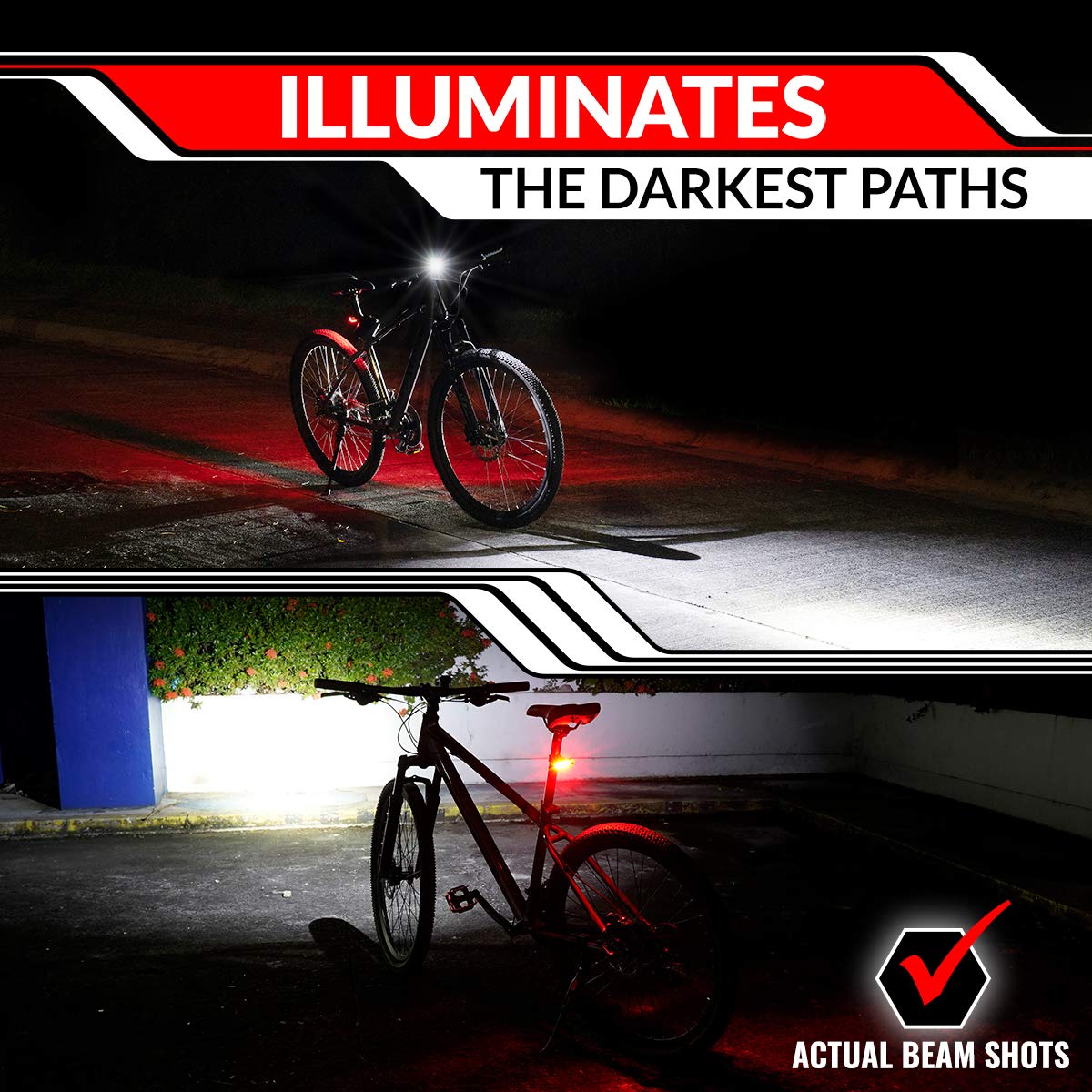 GearLight Rechargeable Bike Light, Headlight and Tail Light Set, Powerful Front and Back Lights for Night Riding Safety, Night Riding Accessories, White Elephant Stocking Stuffer for Men - Black, Red