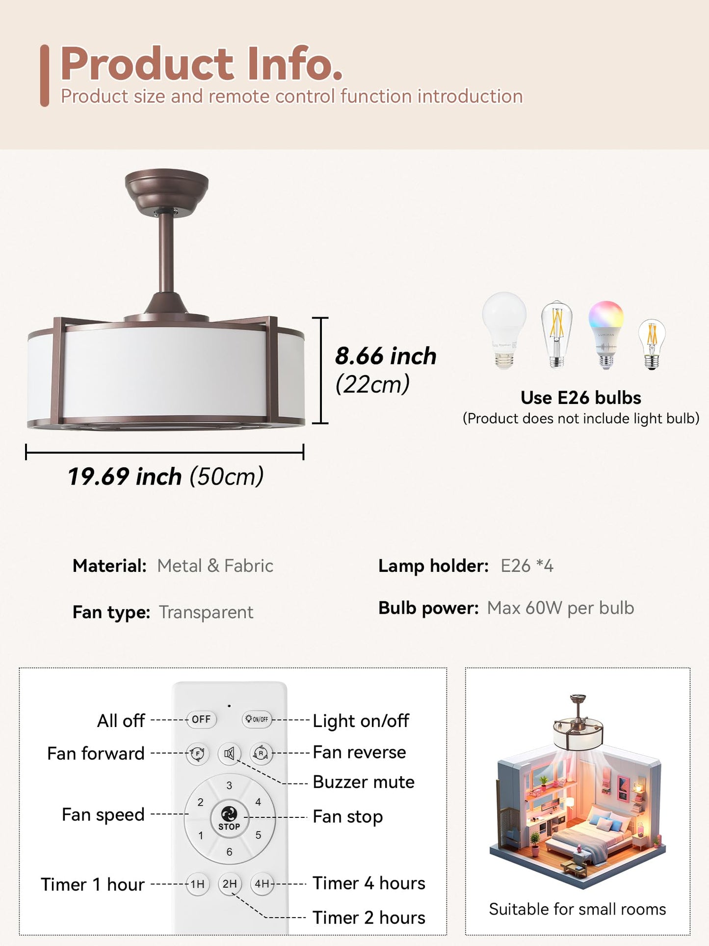 Ymkskj 20 Brown Fandelier Ceiling Fans With Lights, Boho Rattan Ceiling Fan With Light Remote Control, Caged Mid-Century Modern