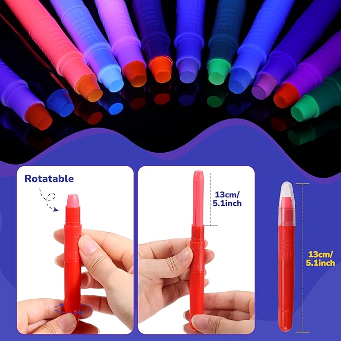 Beesjuy Glow Face Body Paint,12 PCS Glow In The Dark Under UV BlackLight, Face Painting Kits Neon Makeup Sticks for Kids Adult Halloween Birthday Glow Party Supplies