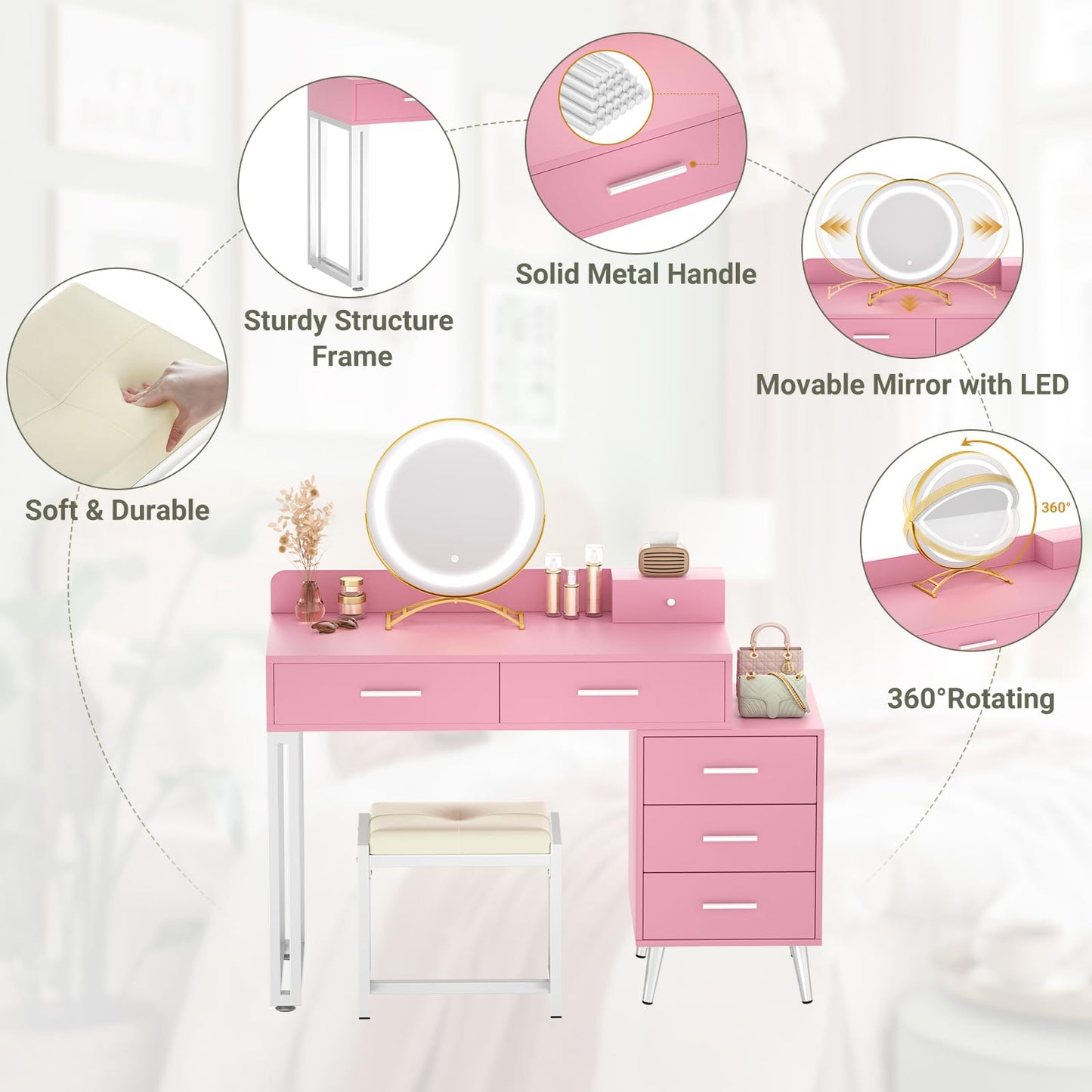 Pink Vanity Desk with Mirror and Lights, Modern Makeup Vanity Table Set with 6 Storage Drawers and Cushioned Stool for Bedroom, Dressing Table with Divided Organizers for Women Girls, Pink
