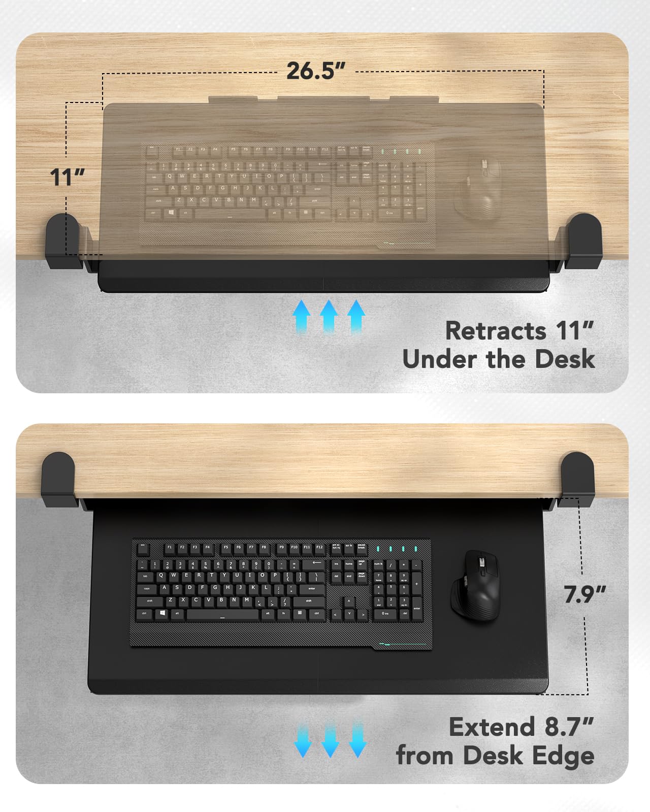 HUANUO Keyboard Tray Under Desk, Pull Out Keyboard Tray with C Clamp Mount, 26.5″ W x 11.8″ D Slide Out Computer Keyboard Drawer Mouse Tray for Typing, Black, HNKB12B
