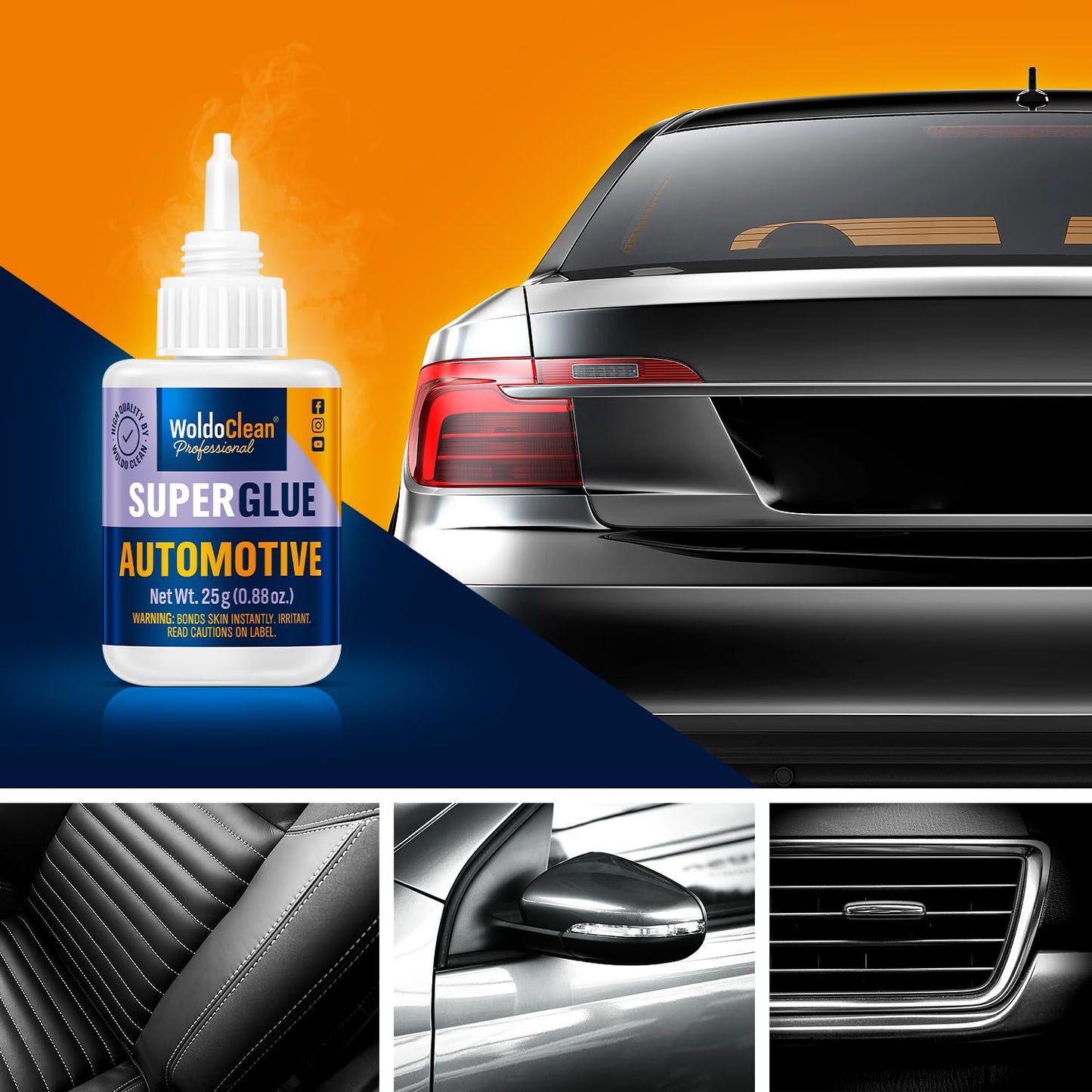 WoldoClean Super Glue for Cars & Vehicles - Extra Strong Automotive Adhesive, Fast-Drying, Heat & Water Resistant, 25g Liquid Formula for Plastic, Metal & Rubber Repairs