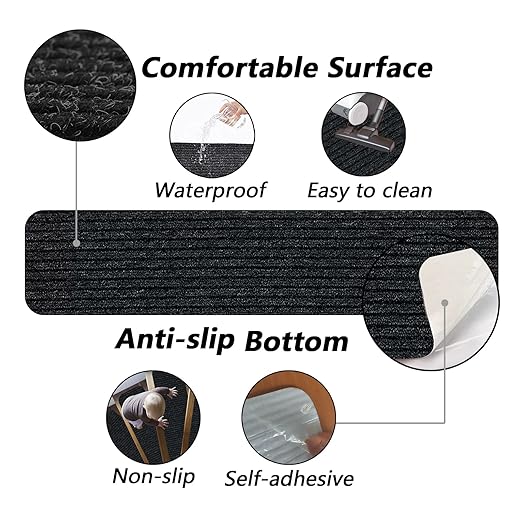 Non-Slip Stair Treads, 7.8" X 30" (15-Pack) Stair Runner Indoor Outdoor Mat, Black Slip Resistant Stair Tread Mats Step Covers Pads for Elders, Kids and Pets (30" x 7.8", Black)