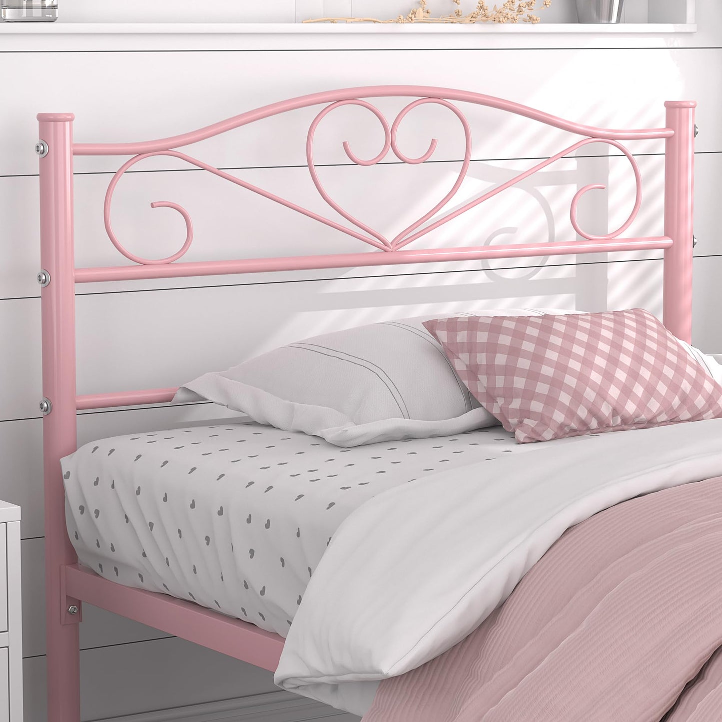 VECELO 14 Inch Twin Size Metal Platform Bed Frame with Headboard and Footboard, Heavy Duty Mattress Foundation with Steel Slats Support, No Box Spring Needed, Pink