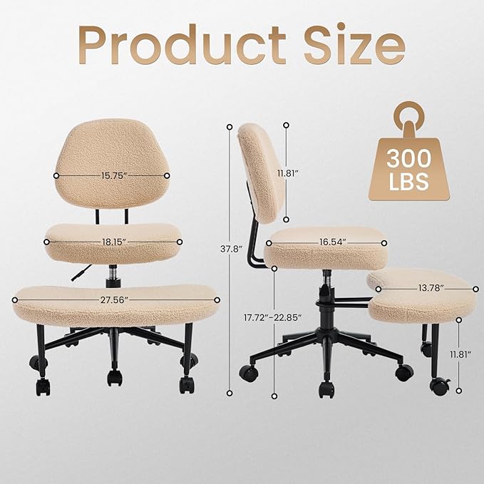 Cross Legged Office Chair, Ergonomic Criss Cross Desk Chair ADHD Meditation Yoga Kneeling Chair with Brake Wheels, Home Office Desk Chair with Adjustable Height, Lumbar Support (Beige)