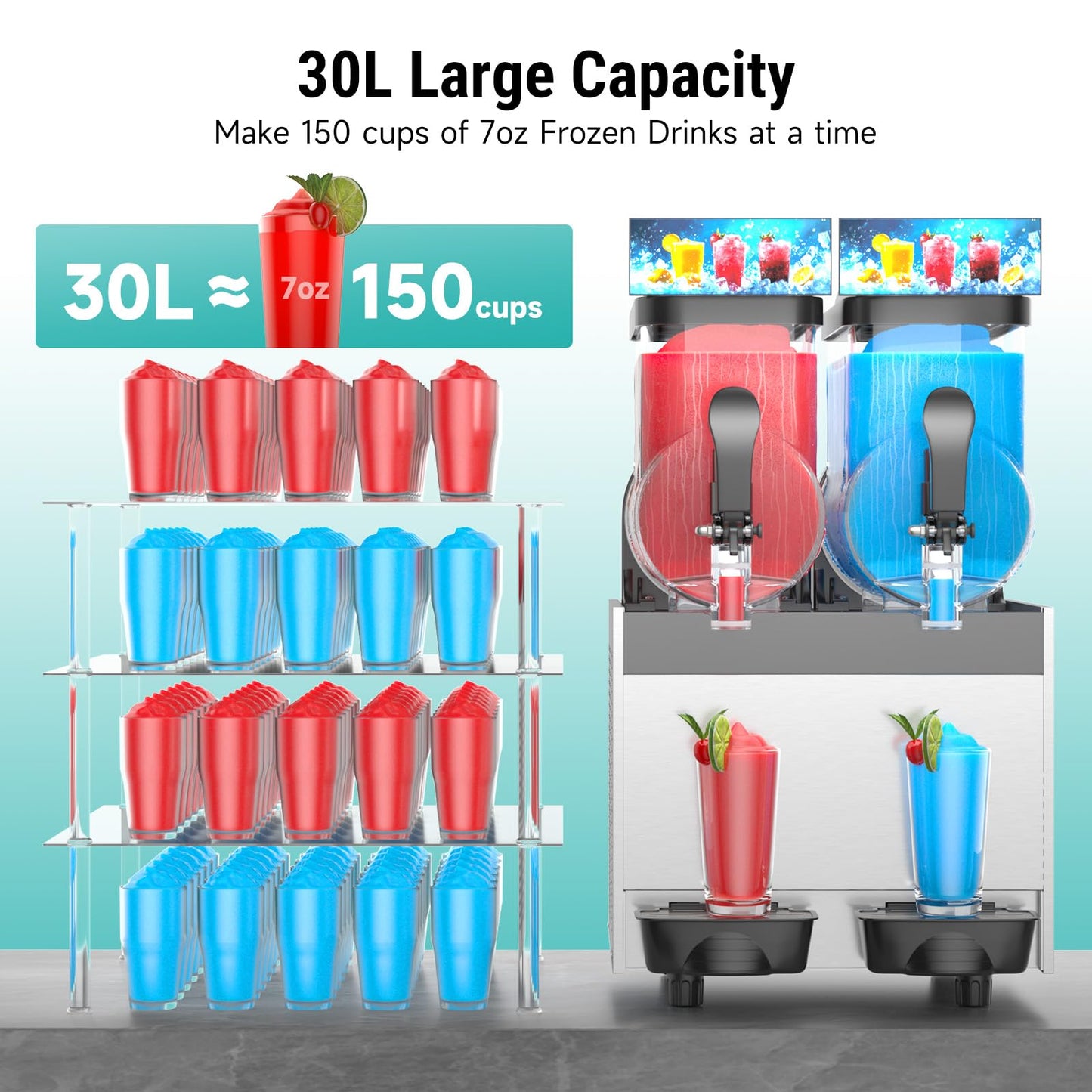 Mirfee 30 L Commercial Slushy Machine with LED Light, 15-45 Minutes to Make，15L×2 Tanks Commercial Frozen Drink Machine, 110V Margarita Slushie Maker, for Wine Cocktails, Daiquiri Juice