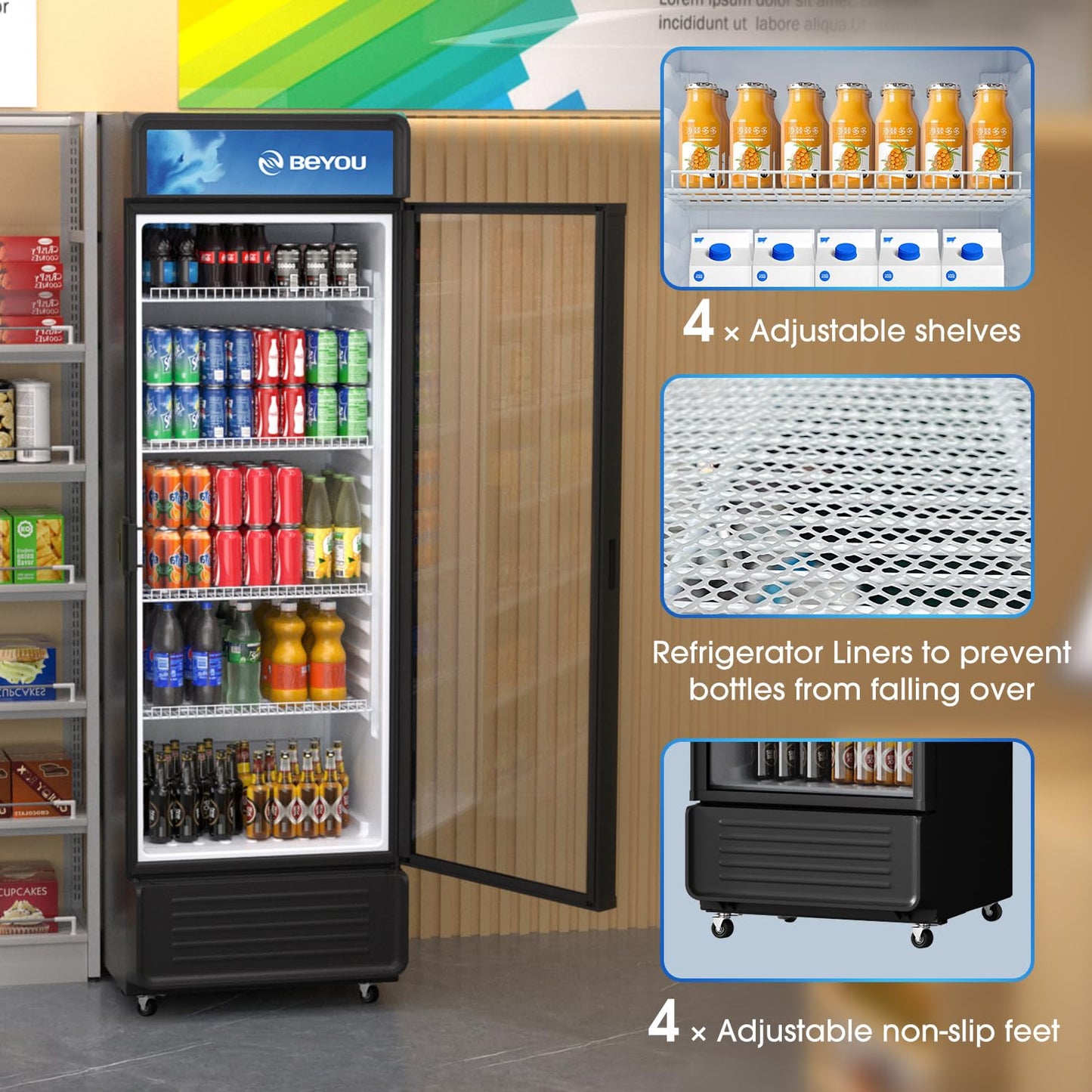 BEYOU Display Merchandiser Refrigerator, 13.3 cu. Ft Commercial Upright Beverage Fridge with single Glass Door, Drink Cooler for Living Room,Bar,Garage（Black）