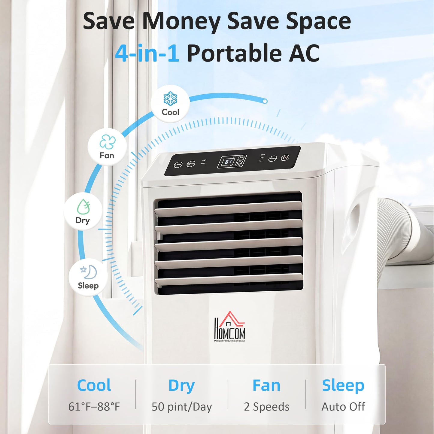 HOMCOM 10000 BTU Portable Air Conditioner for Rooms Up to 441 Sq. Ft., 4-in-1 AC Unit with Cooling Fan, Dehumidifier, Sleep Mode, Remote Control, 24H Timer, Window Installation Kit, White