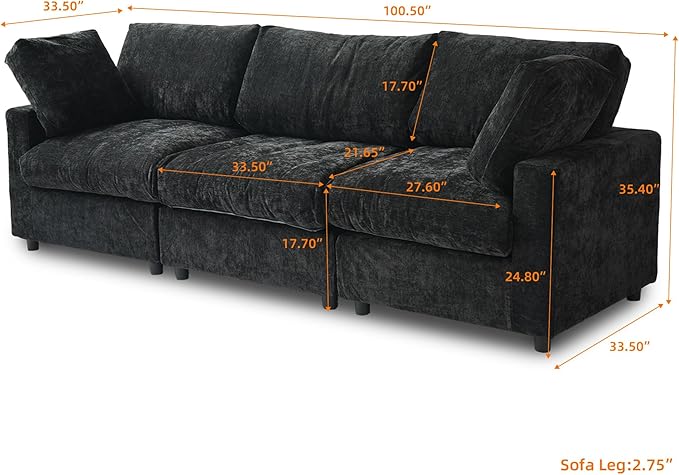 WJShome Cloud Sectional Couches for Living Room,100.5" Convertible Love Seat, 3 Seater Modular Sectional Sofa,Deep Seater Furniture Sets,Black