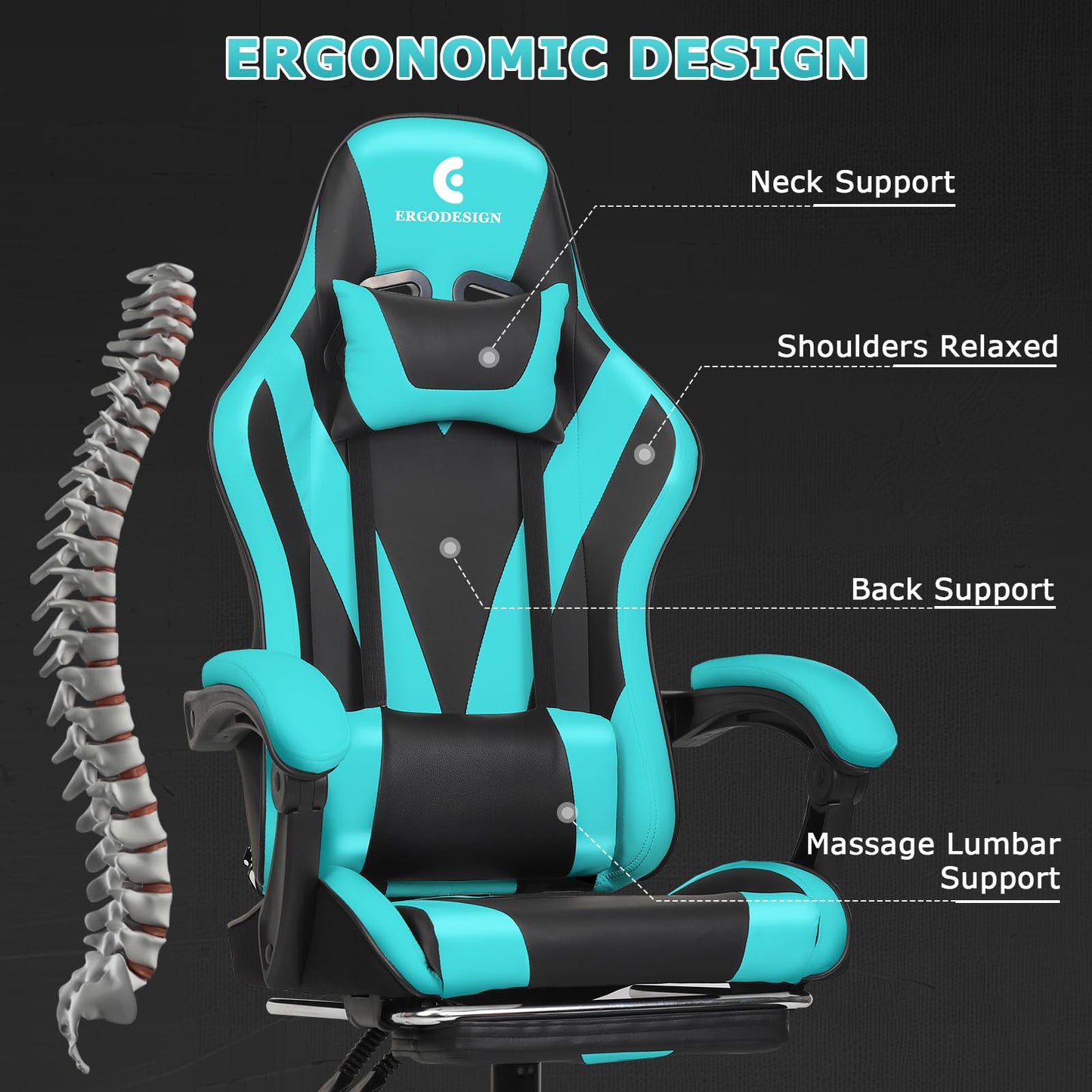 ErgoDesign Gaming Chair with Linkage Armrest & Footrest, High Back Video Gaming Chair, Black/Light Blue