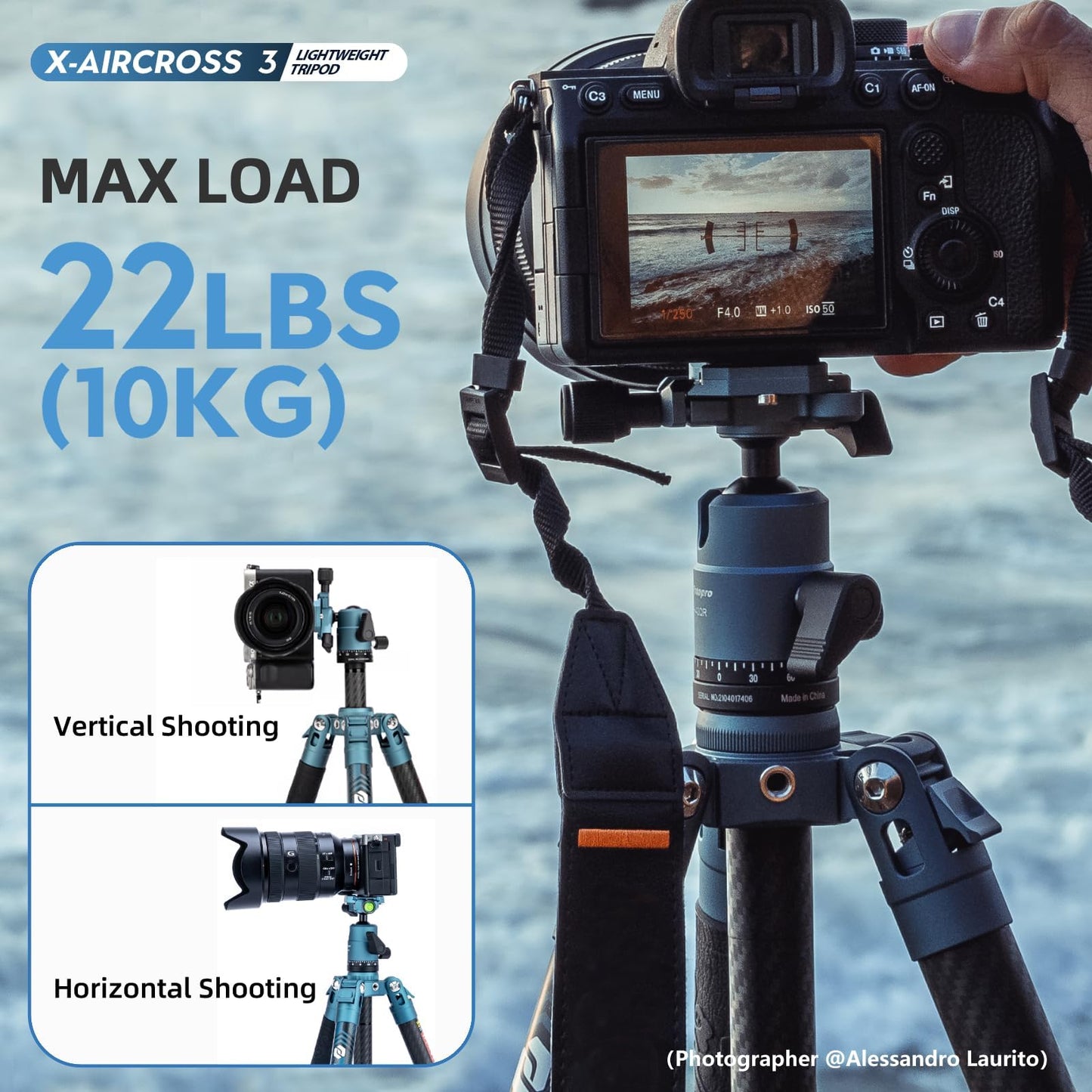 Fotopro Carbon Fiber Tripod 60 Inch 360 Degree Ball Head Quick Release Plate Lightweight Camera Tripod for Travel Folded Height Only 14.2", Max Loads up to 22lbs, X-Aircross 3 Blue