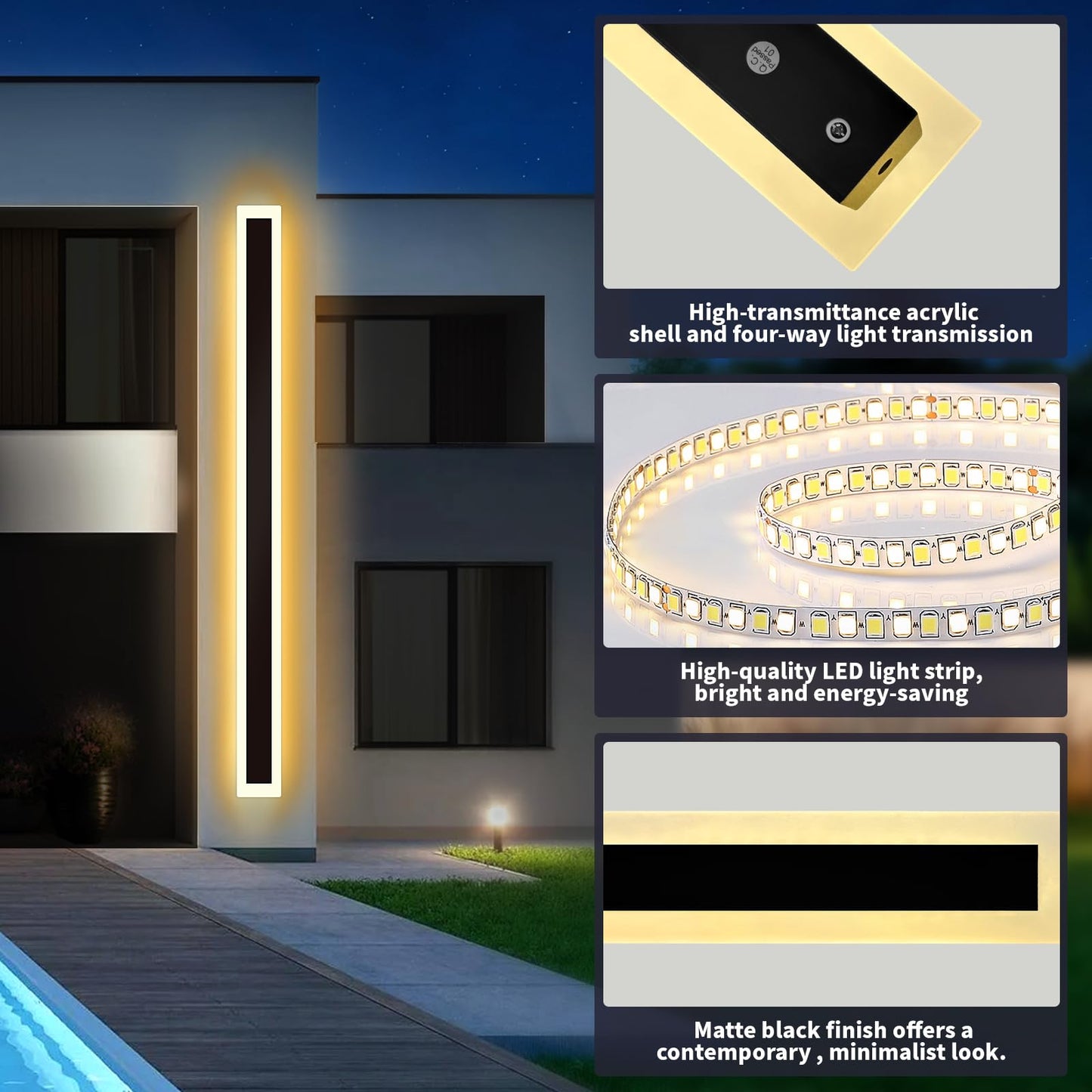 YuayiJubil Modern Outdoor Wall Light 2 pack-23.64inch, 3000K Long Wall Lights for House/Porch, Waterproof IP65 Black Outside Led Wall Mounted Lighting Fixtures, 23.64in-2pack