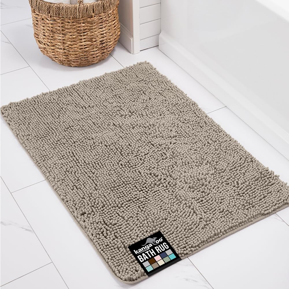 KANGAROO Bathroom Rugs, Chenille Soft Absorbent Bath Rug, Shaggy Shower Mat, Quick Dry Machine Wash Bathmat, Plush Carpet Mats for Tub, Bathtub and Room Home Decor Accessories, 24x17, Beige