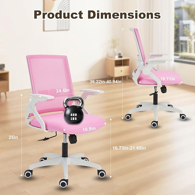 Msdizuo Ergonomic Office Chair Desk Chair with Adjustable Height Mesh Computer Chair Swivel Chair with Flip-up Arms and Lumbar Support Pink