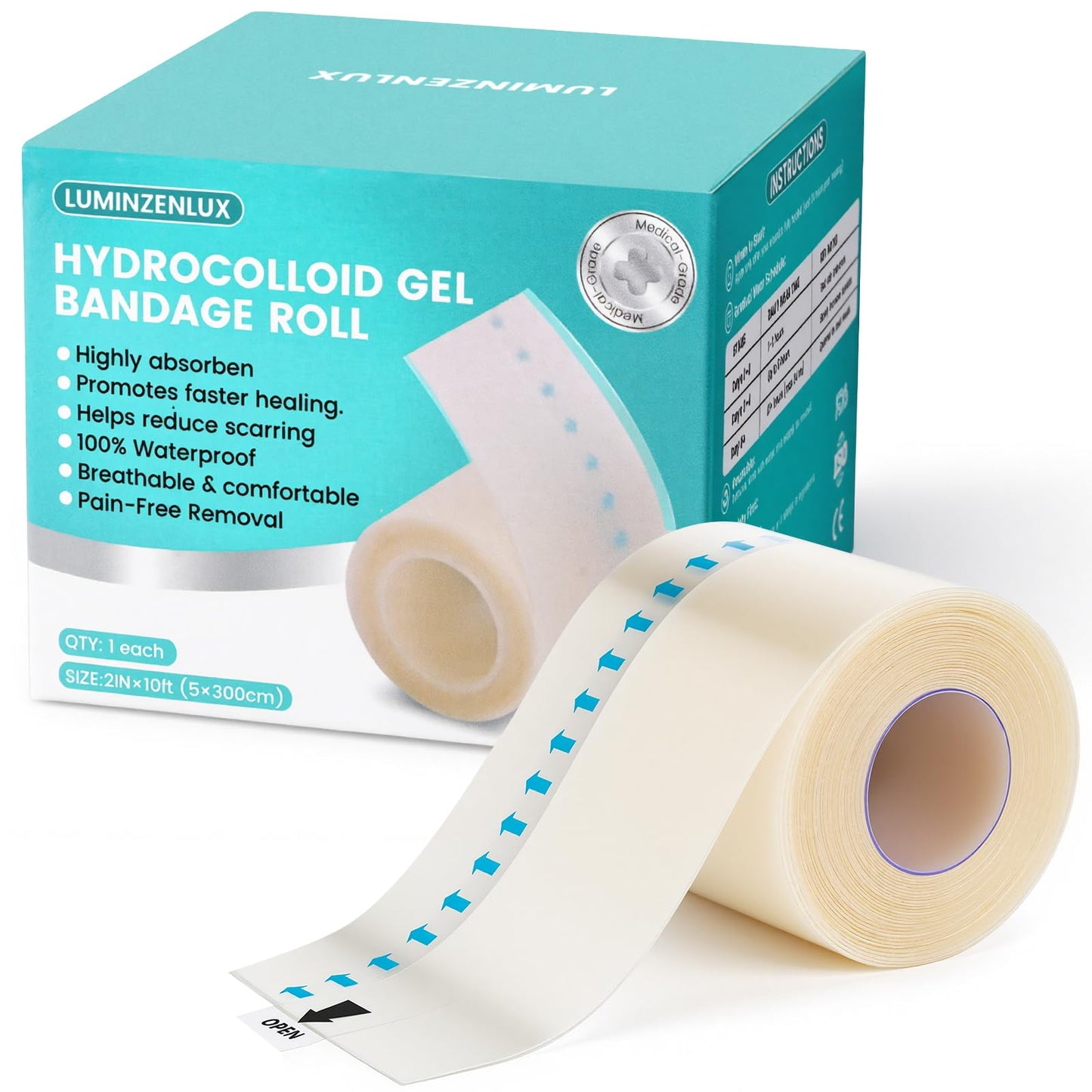Hydrocolloid Roll for Wound Care - Medical Grade Self-Adhesive Gel Bandages, Ultra Absorbent & Waterproof Bandage, DIY Cut-to-Size First Aid Supply (2in×10ft)