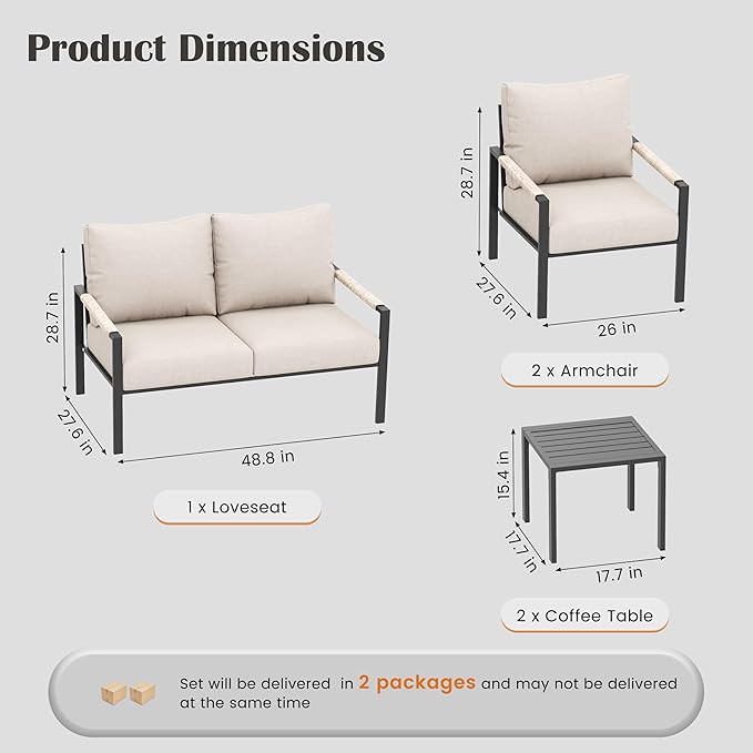 PATIOCHIC 5 Pieces Rattan Outdoor Furniture Set, All-Weather Patio Conversation Set with Warm Grey Cushions and Coffee Tables for Garden, Backyard, Balcony, Poolside