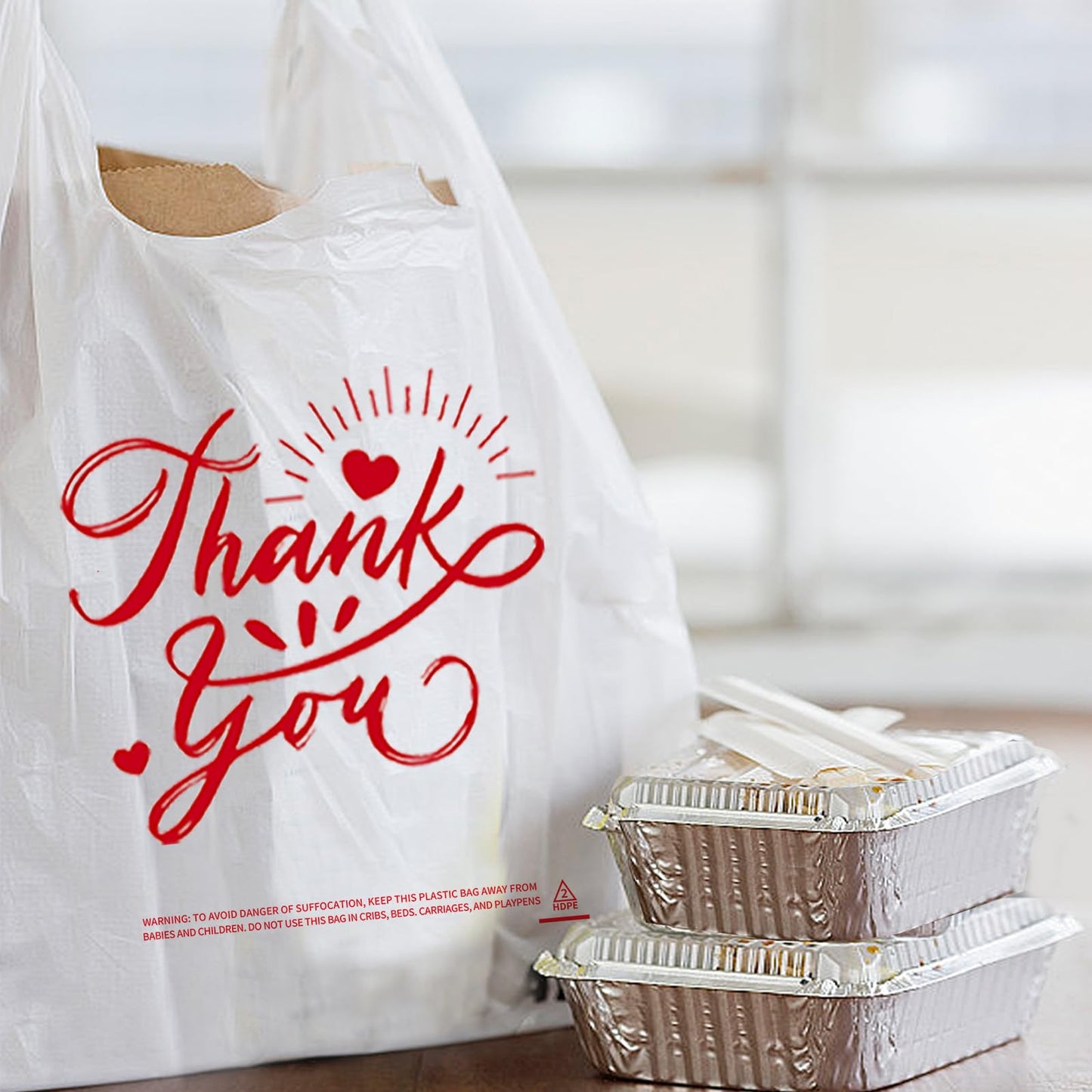 TGEONIX 300 Pack Upgraded White Thank You T-Shirt Bags - 11.5"x6.5"x21" Reusable Grocery Bags with Handles, Eco-Friendly Retail Packaging for Supermarket & Small Business