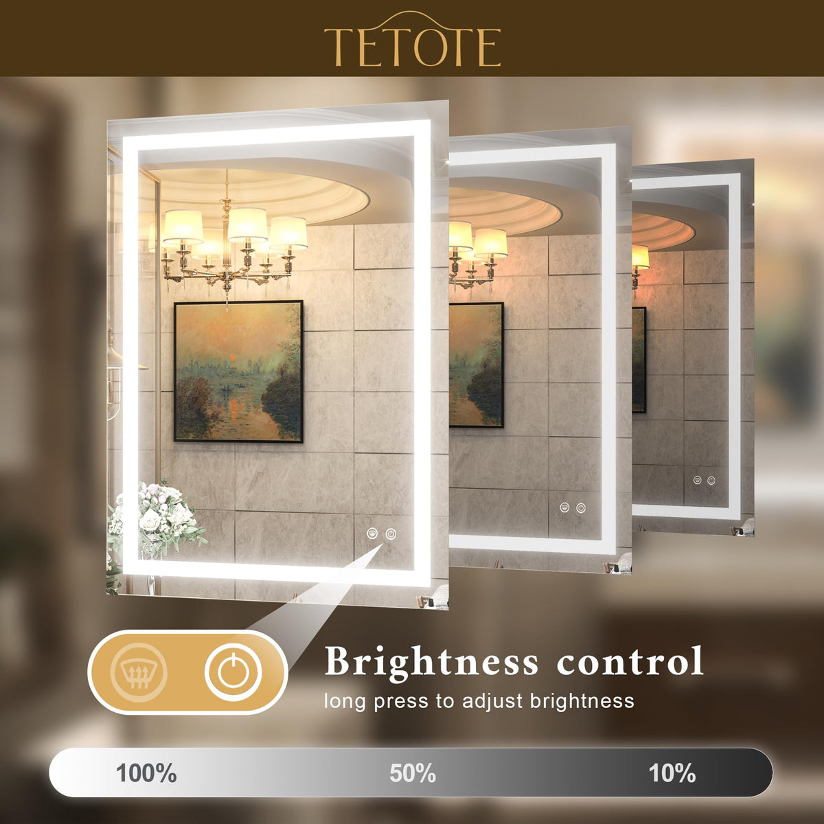 TETOTE 24 x 36 LED Bathroom Mirror LED Mirror Bathroom Decor Vanity Makeup Mirror Dimmable Anti-Fog Wall Mounted Bathroom Mirror with Lights, Tempered Glass