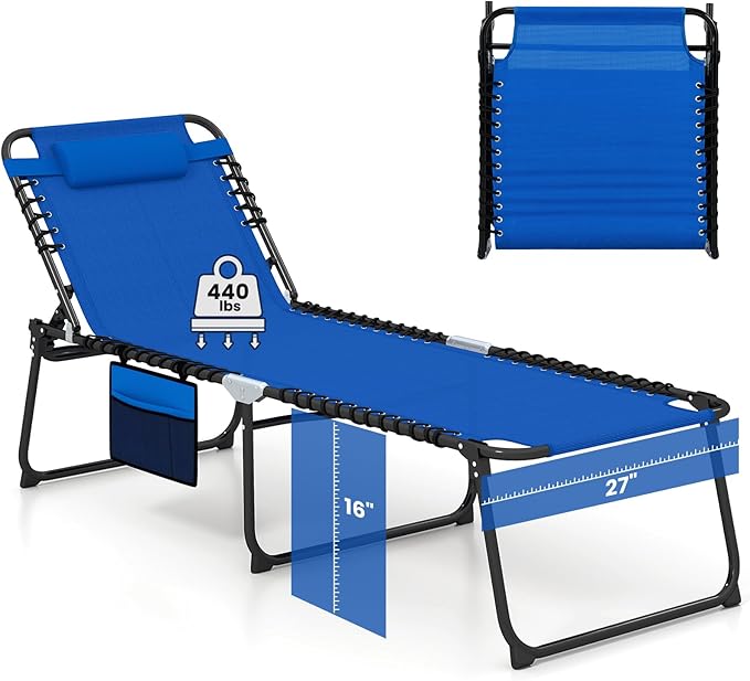 GYMAX Lounge Chair for Outside, 440lbs 27” Oversize Folding Beach Tanning Sunbath Chair with Adjustable Backrest & Removable Pillow, Lightweight Portable Patio Lounger for Lawn Poolside (Blue,1)