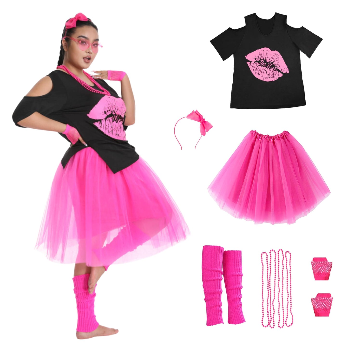 Yoody 80s Outfit for Women Plus Size 80s Costumes Oversized Shirts Tutu Set 12-14
