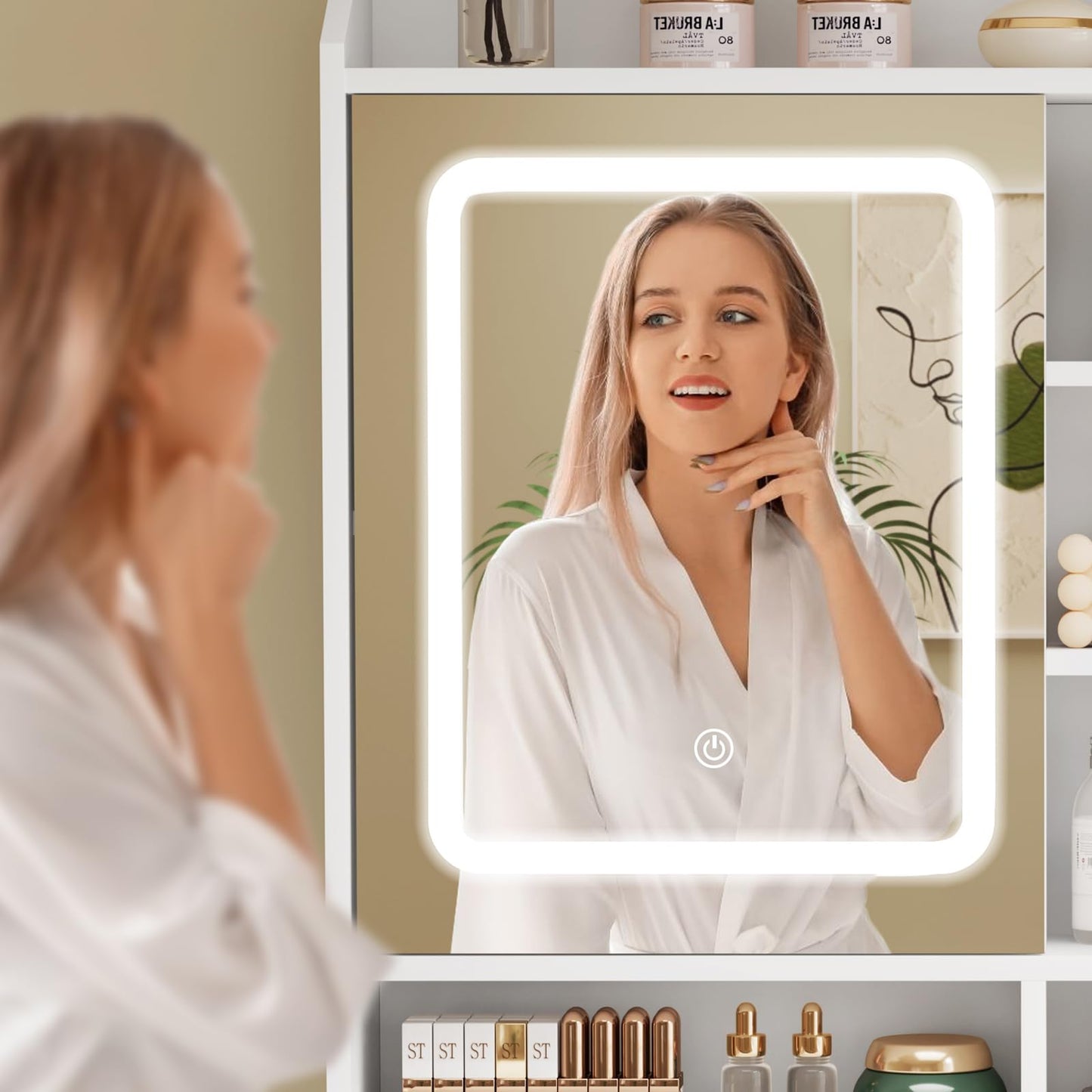 usikey Small Vanity Desk with Mirror and Lights, Makeup Vanity with Lighted Sliding Mirror, 3 Lighting Modes, 1 Large Drawer & 3 Hidden Storage Shelves, Vanity Table for Bedroom, Closet, White
