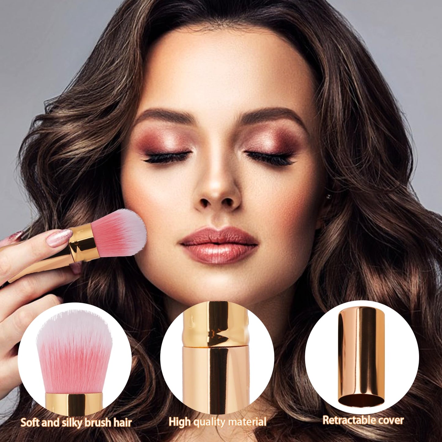 Retractable Blusher Brush with Cover, 2 Pack Travel Kabuki Bronzer Makeup Brush Liquid Cream Foundation Powder Brush Extensible Face Blender Brush Professional Concealer Brush for Women (Gold & Black)