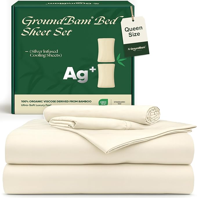 Silver Infused Bed Sheets Set, Temperature-Regulating Fabric with Self-Cleaning Technology for 3X Freshness Sleep, Genuine 100% Organic Viscose Derived from Bamboo (OffWhite, Queen)