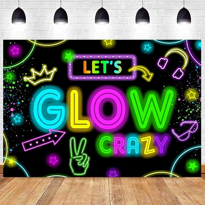 Wollmix Neon Glow Party Decorations Supplies Backdrop 10x7ft Glow in The Dark Let’s Glow Banner Photography Background Bir...