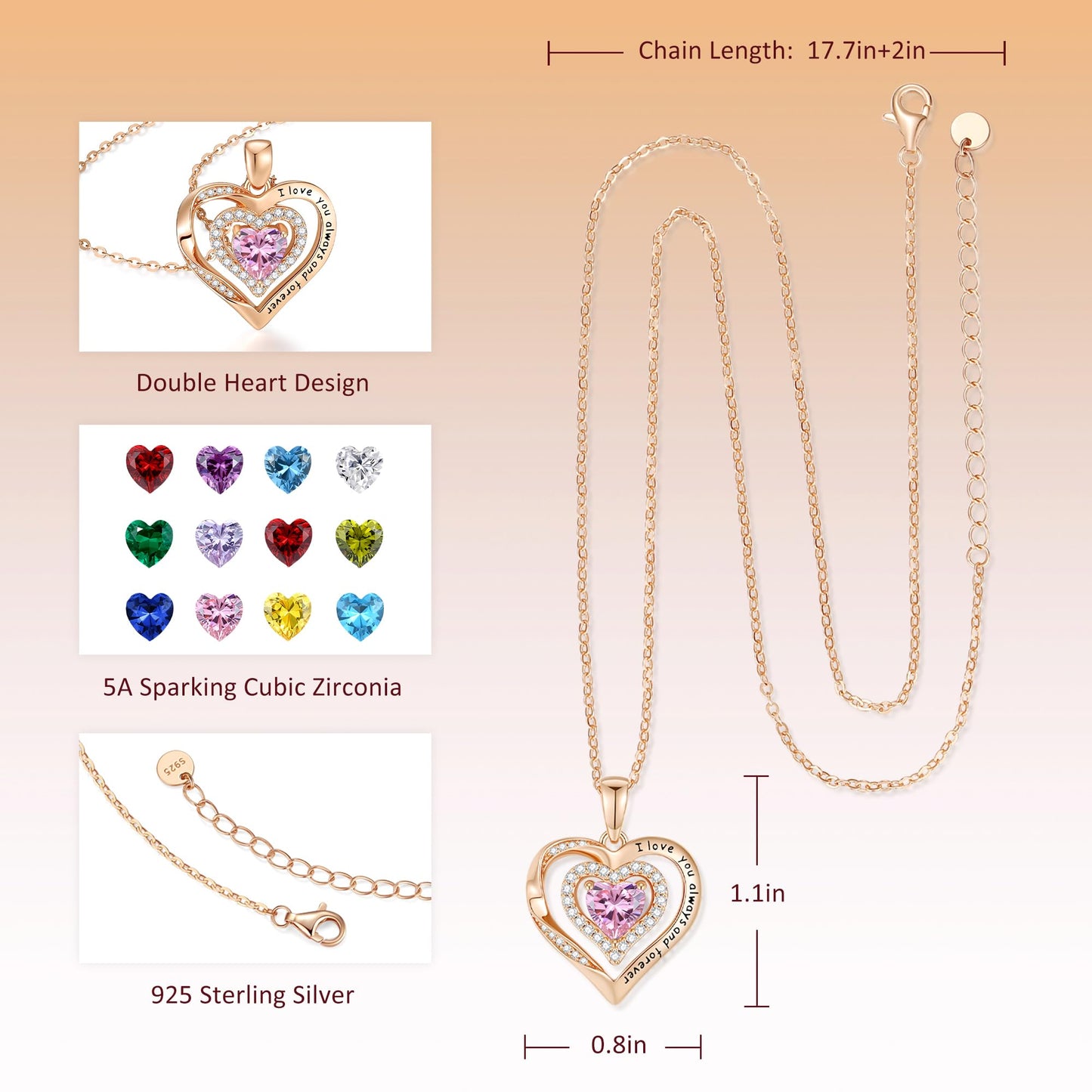 Lomantise Christmas Gifts for Wife Rose Gold Heart Birthstone Necklaces for Women S925 Sterling Silver Fine Jewelry Pendant Necklace Anniversary Birthday Gift for Mom Her Grandma Sister