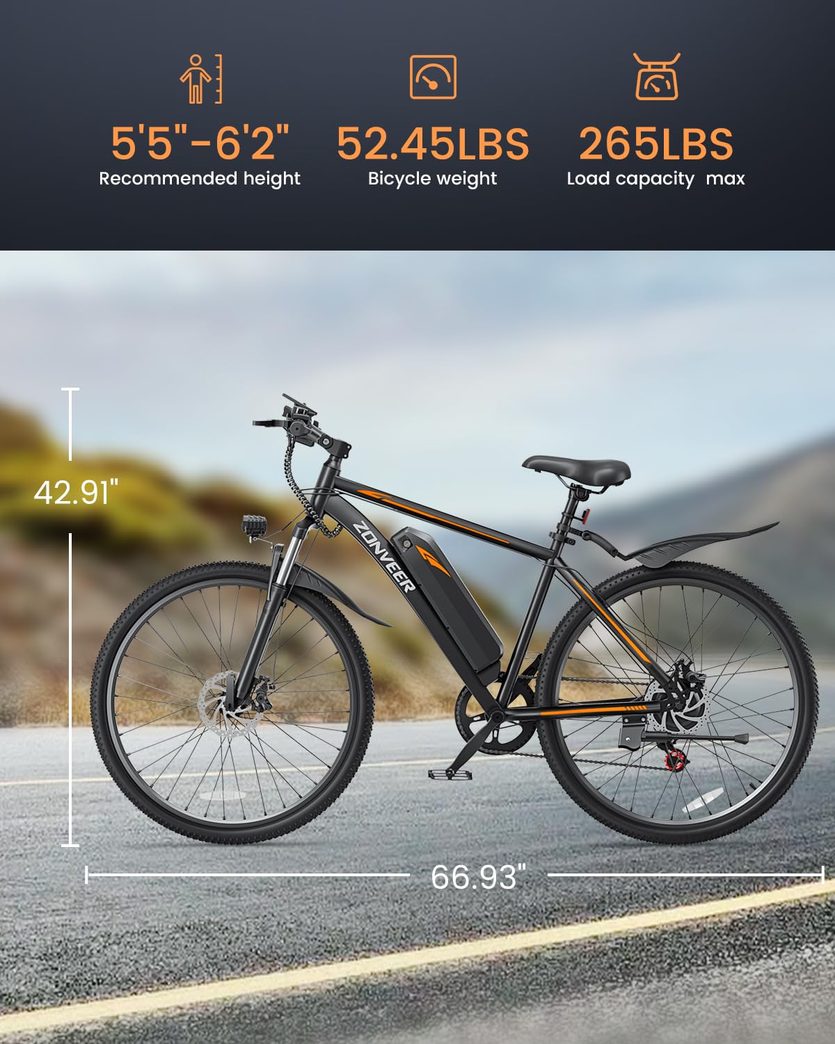 zonveer Electric Bike for Adults with 26'' Peak 500W Brushless Motor Ebike, 20MPH 40Miles Commuting Electric Mountain Bike with 360Wh Removable Battery, 7-Speed, 3 Level Assist