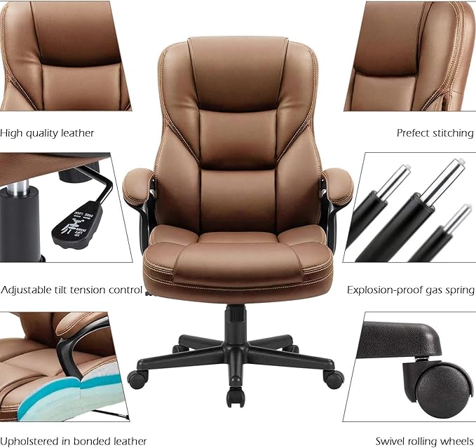 Furmax Office Executive Chair High Back Adjustable Managerial Home Desk Chair,Swivel Computer PU Leather Chair with Lumbar Support (Light Brown)