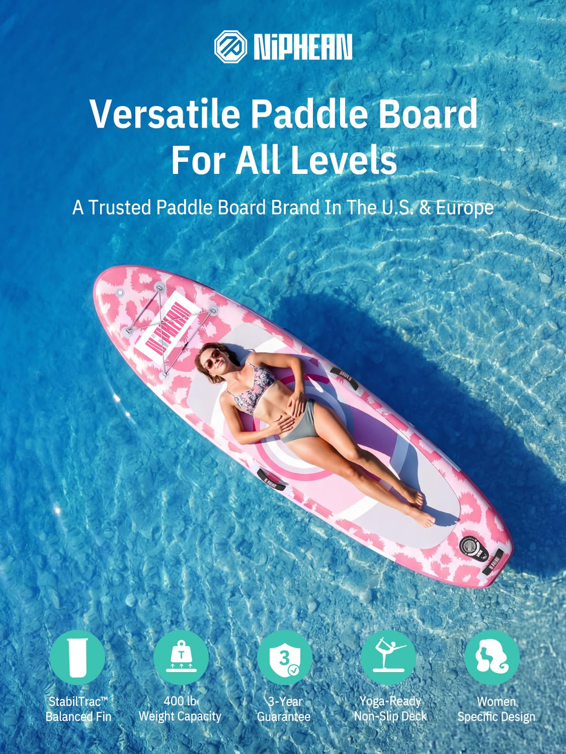 Niphean（Ultra-Light） Inflatable Paddle Board with StabilTrac Fin and Durable SUP Accessories, 10' Stand Up Paddle Boards for Adults & Youth, Versatile Yoga Paddle Board, Gift Ideas-Candy Leopard