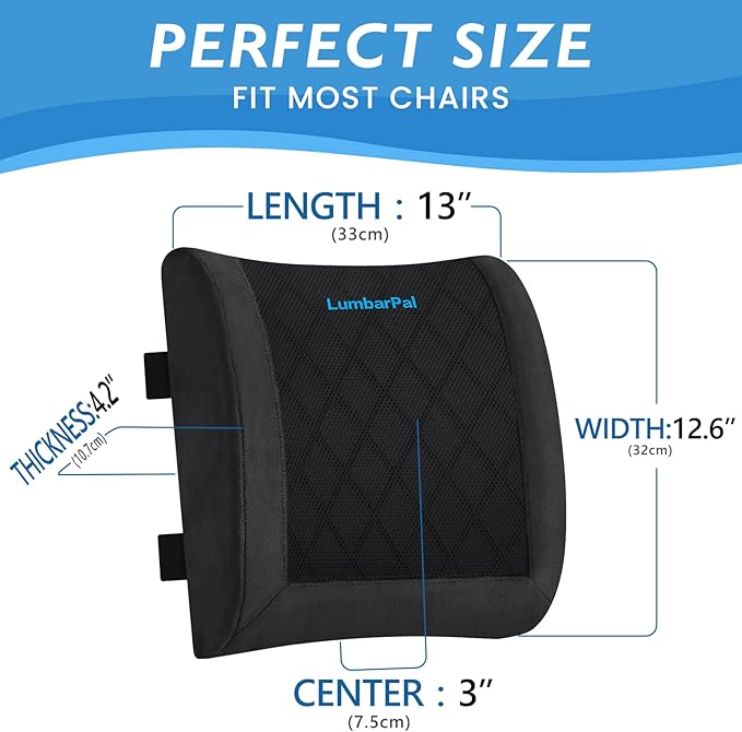LumbarPal Lumbar Support Pillow for Office Chair Back Support Lumbar Pillow for Car, Gaming, Office Chair - Improve Sitting Posture & Back Pain Relief, Memory Foam, Adjustable Straps, Fluffy Black