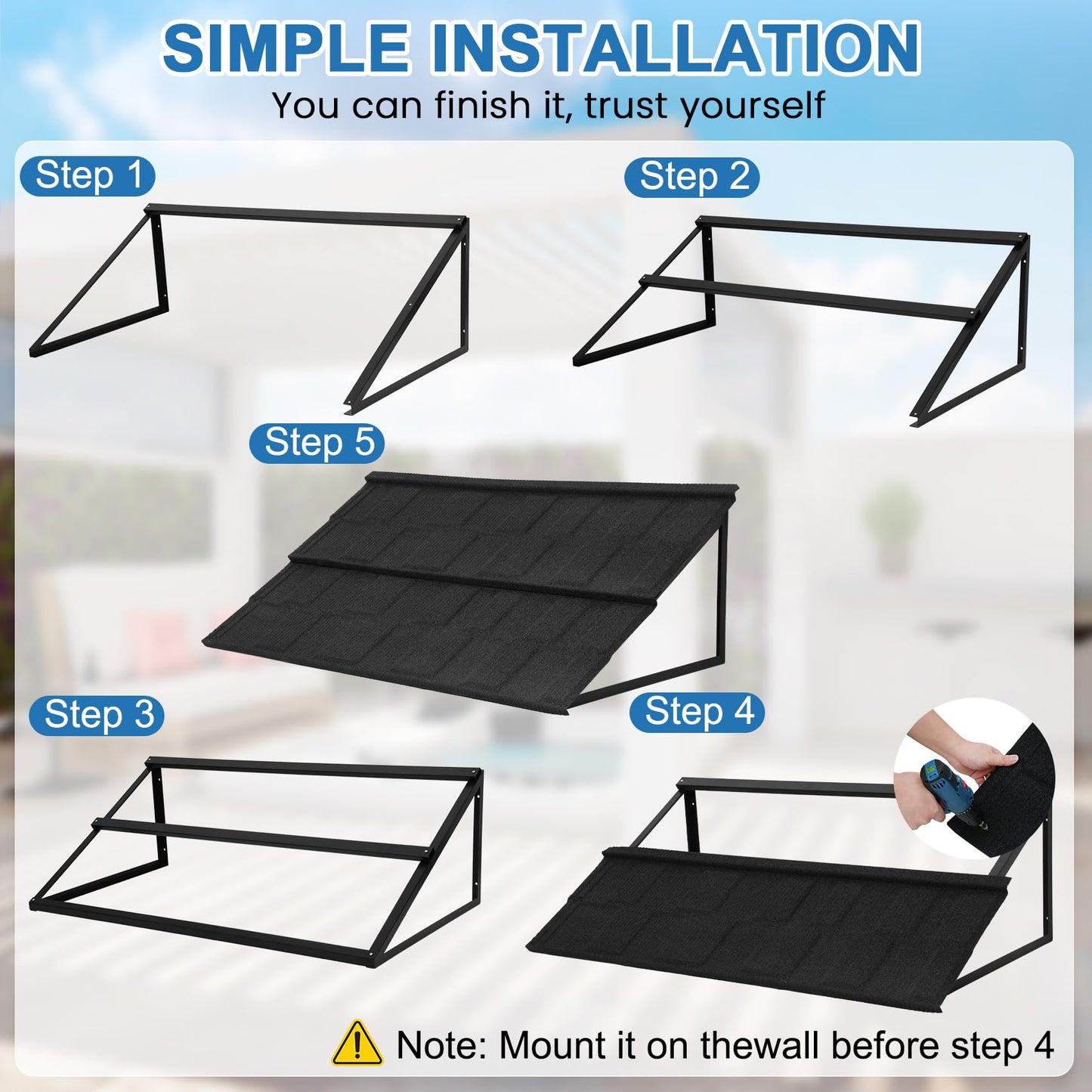 Fixed Metal Awnings 52in W x 31in H, Heavy-Duty Triangle Steel Frame with Tile-Design Metal Awning for Doors, Windows, Porches, Balconies (Black)