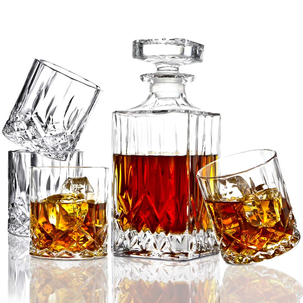 ELIDOMC 5PC Italian Crafted Crystal Whiskey Decanter & Whiskey Glasses Set, Crystal Decanter Set With 4 Whiskey Glasses, Whiskey Decanter Sets for Men.