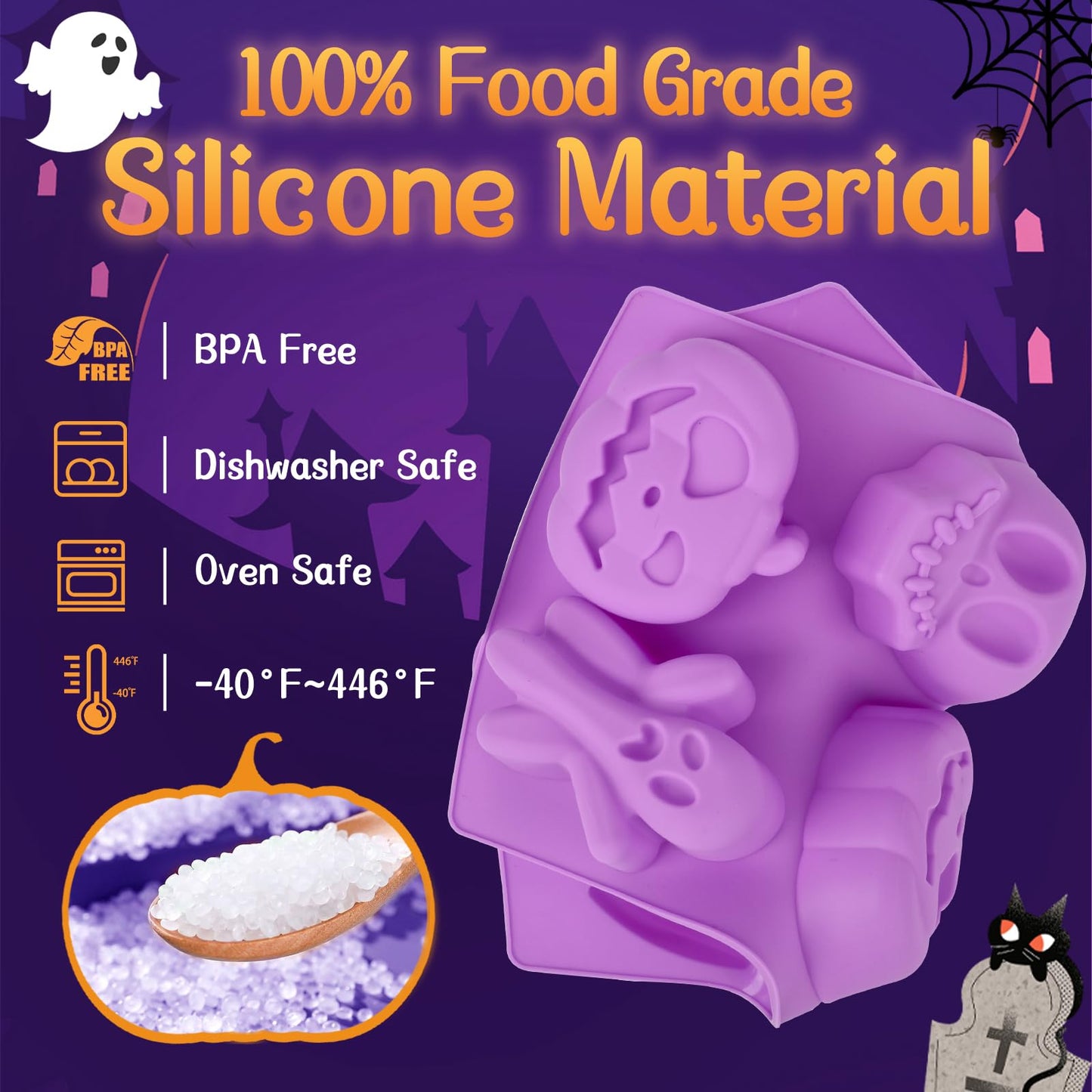 JOERSH Halloween Chocolate Silicone Molds, 5PCS Pumpkin Bat Skull Ghost Spider Shaped Cake Mold Non Stick Baking Pan for Cupcake, Muffin, Candy, Jello, Soap, Candle, Cake Decorating