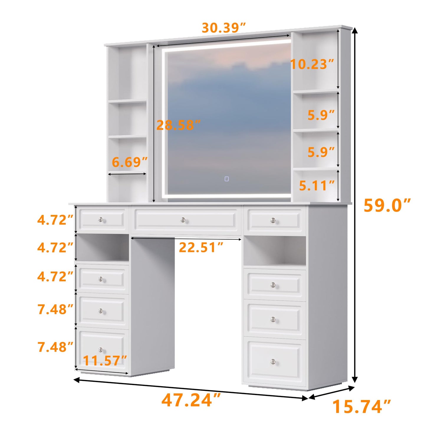 Makeup Vanity Desk with Mirror and Lights, 47" Large Vanity Table with 9 Drawers & 10 Open Storage Shelves, Brightness Adjustable, Dressing Table for Bedroom, Women Girl (White, A Panel)