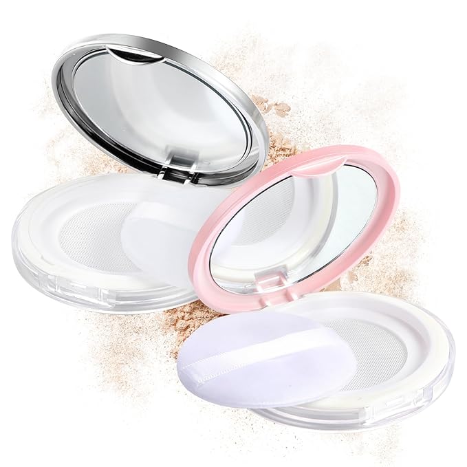 2Pcs Loose Powder Container with Puff 0.17 oz Refillable Empty Powder Compact with Mirror, Portable Empty Makeup Powder Co...