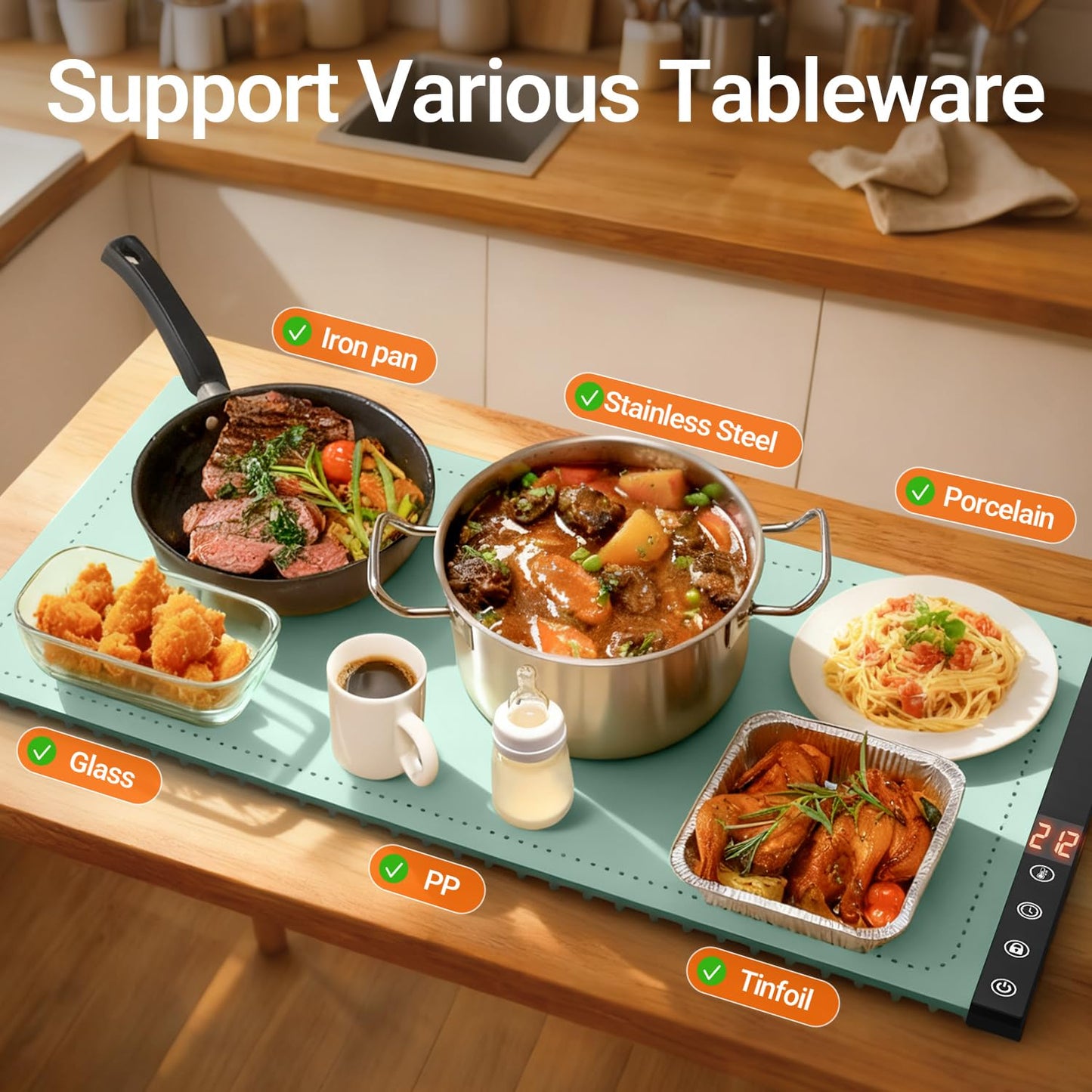 Warming Mat for Food - Full Surface Rapid Heating, Rollable & Portable Food Warmer Mat with 6 Temperature Settings and 1-4 Hours Adjustable Timer, Silicone Heating Mat for Party Buffet (Green-XXL)