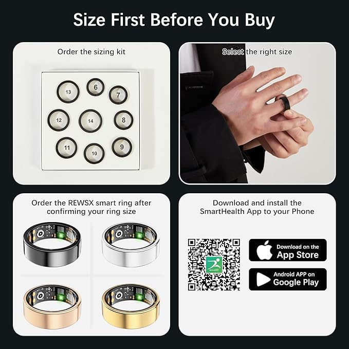 Smart Health Ring for Women Men, Fitness Tracker Ring with Heart Rate, Blood Oxygen, Sleep Tracker, Step Tracker, No Subscription Fee, IP68 Waterproof Smart Ring for iphone & Android (Silver, 13#)