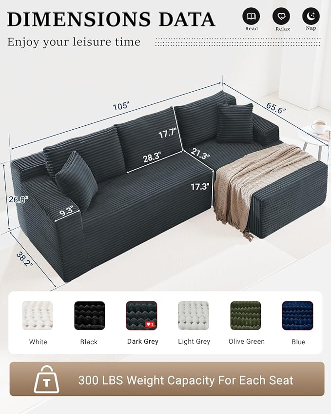 105 Inch Cloud Sectional Couch,Modern Modular Sectional Sofa with Deep Seat,Corduroy Boneless Couches with L-Shape Chaise for Living Room Bedroom,No Assembly Required (Dark Grey, Right Facing Chaise)