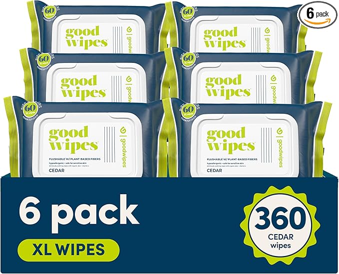 goodwipes Flushable Butt Wipes Made with Vitamin E & Aloe - Soft & Gentle Wet Wipe Dispenser for Home Use, Septic & Sewer Safe - Largest Adult Toilet Towelettes - Cedar, 360 Count (6 Packs)