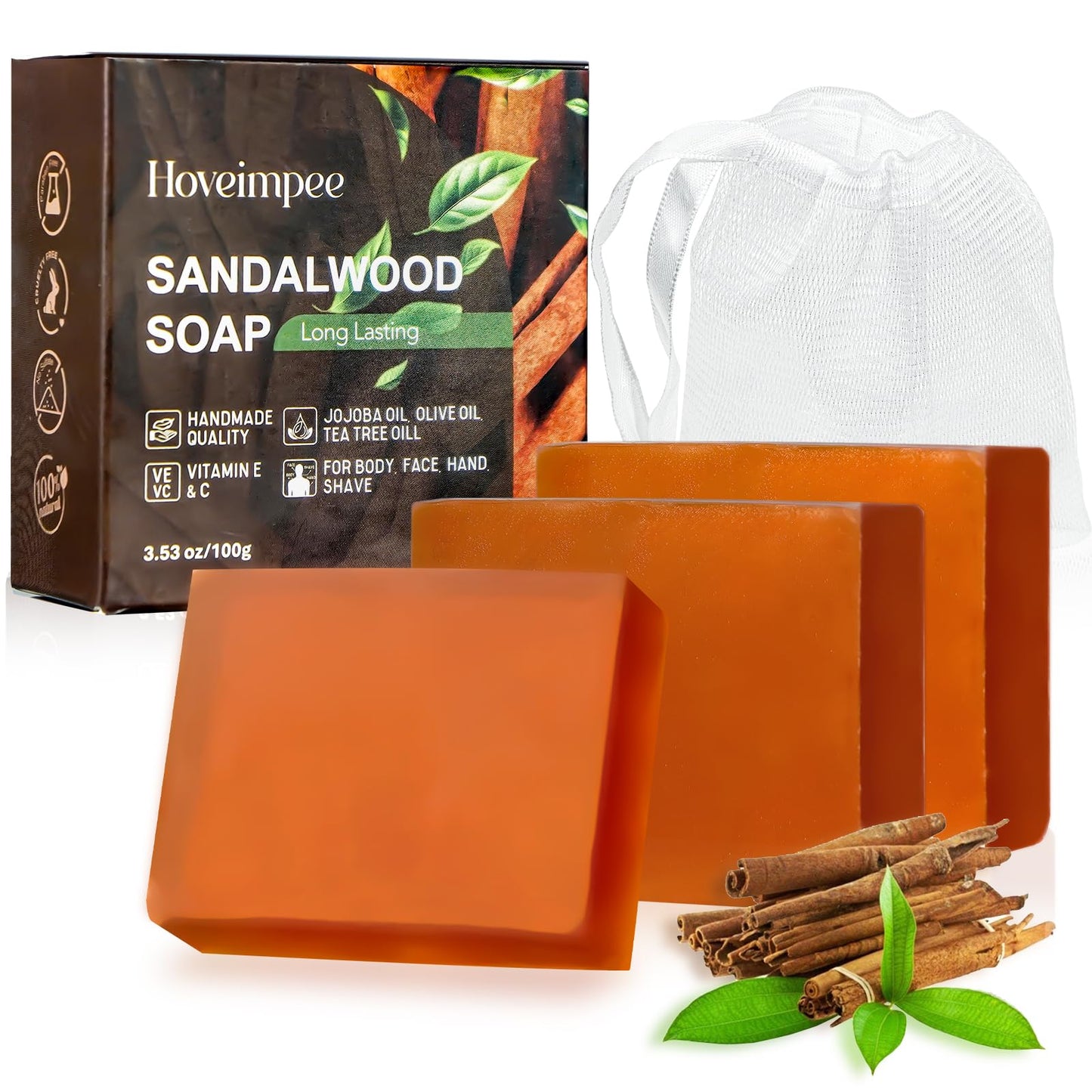 3 Pack Sandalwood Mens Bar Soap, Natural Soap Infused Jojoba and Olive Oil, Gently Exfoliate and Refresh Body and Face, Control