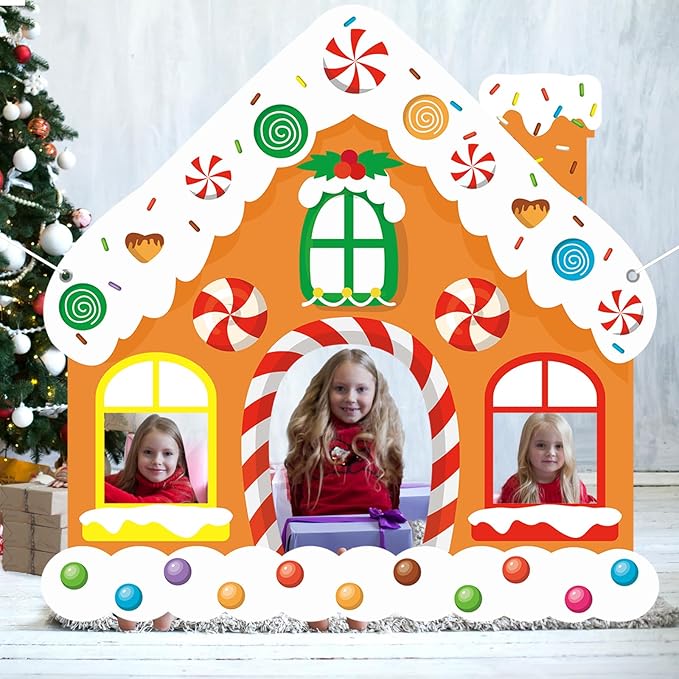 Large Christmas Gingerbread House Photo Booth Props - Fabric Backdrop, Door Banner Decorations for Winter Xmas Holiday Par...
