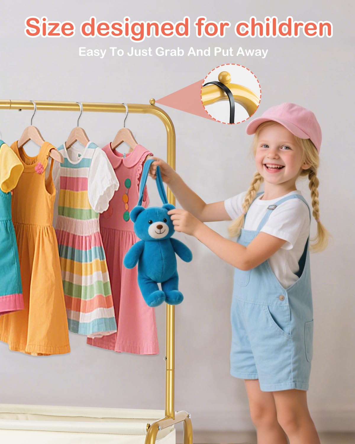 Atrastout Kids Clothing Rack-Portable Kids Clothing Rack with Storage Shelf - Toddler Garment Organizer for Baby Clothes, Dance Costumes, Girls Gift Ideas（Bright Gold）
