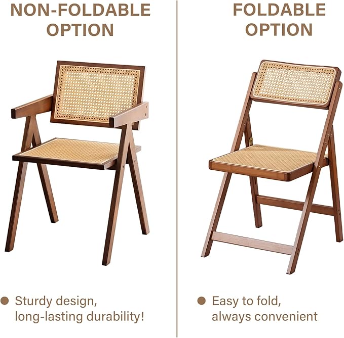 Furlide Rattan Folding Chairs, Modern Mid Century Dining Chairs Set of 2, Outdoor Bamboo Chairs for Bedroom Living Room Reading Room Dining Kitchen, Walnut