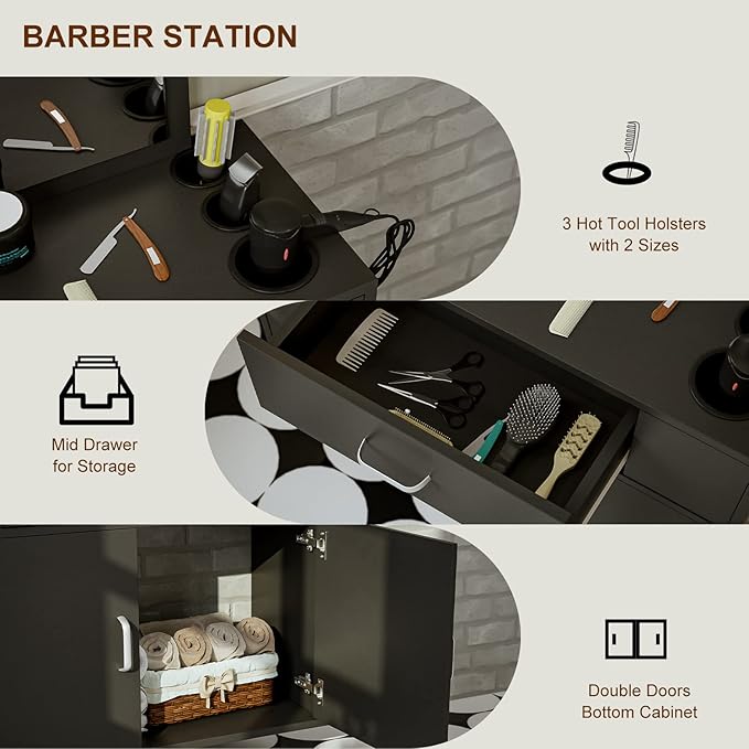 Wall Mount Salon Station Barber Stations Styling Station with Mirror Drawer Storage Cabinet Spa Salon Equipment(Black)