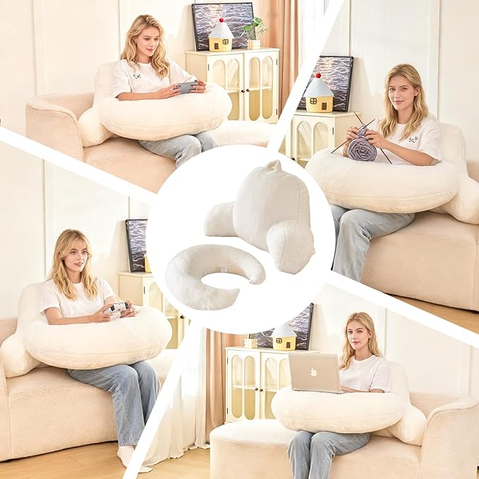 PAJEO Reading Pillow for Bed,U Shaped & Back Support Pillow for Bed,19" Backrest with Lumbar & Arm Support,Luxurious Faux Rabbit Fur,Gaming PillowFor Crochet/Reading/Watching TV,White