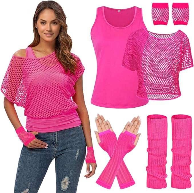 WILDPARTY Women Casual Sexy 80s Costumes Fishnet Neon Off Shoulder T-Shirt