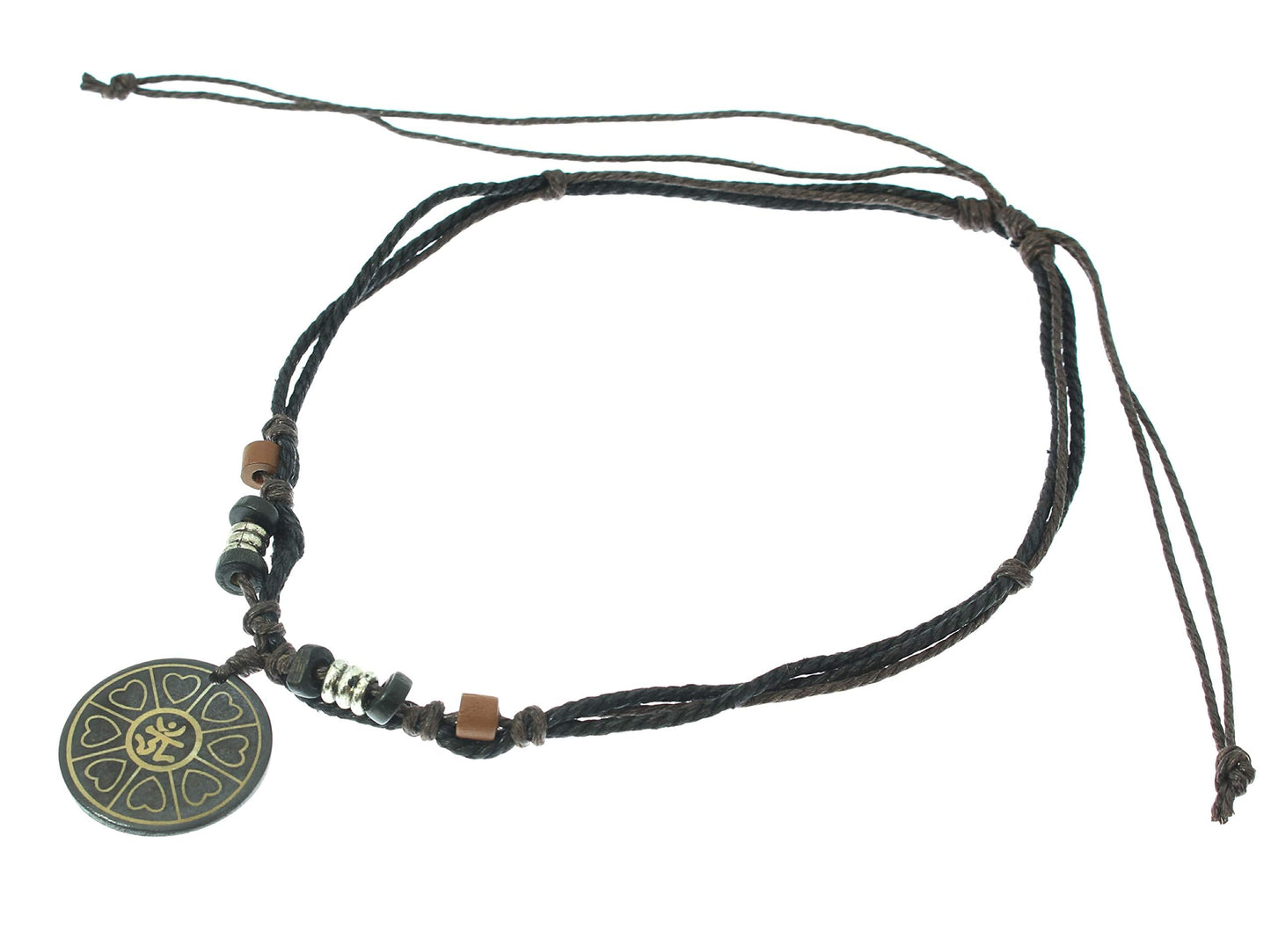Surfer Cord Necklace With Ying Yang Carved Bone Pendant - Fully Adjustable - Black & Brown Cord